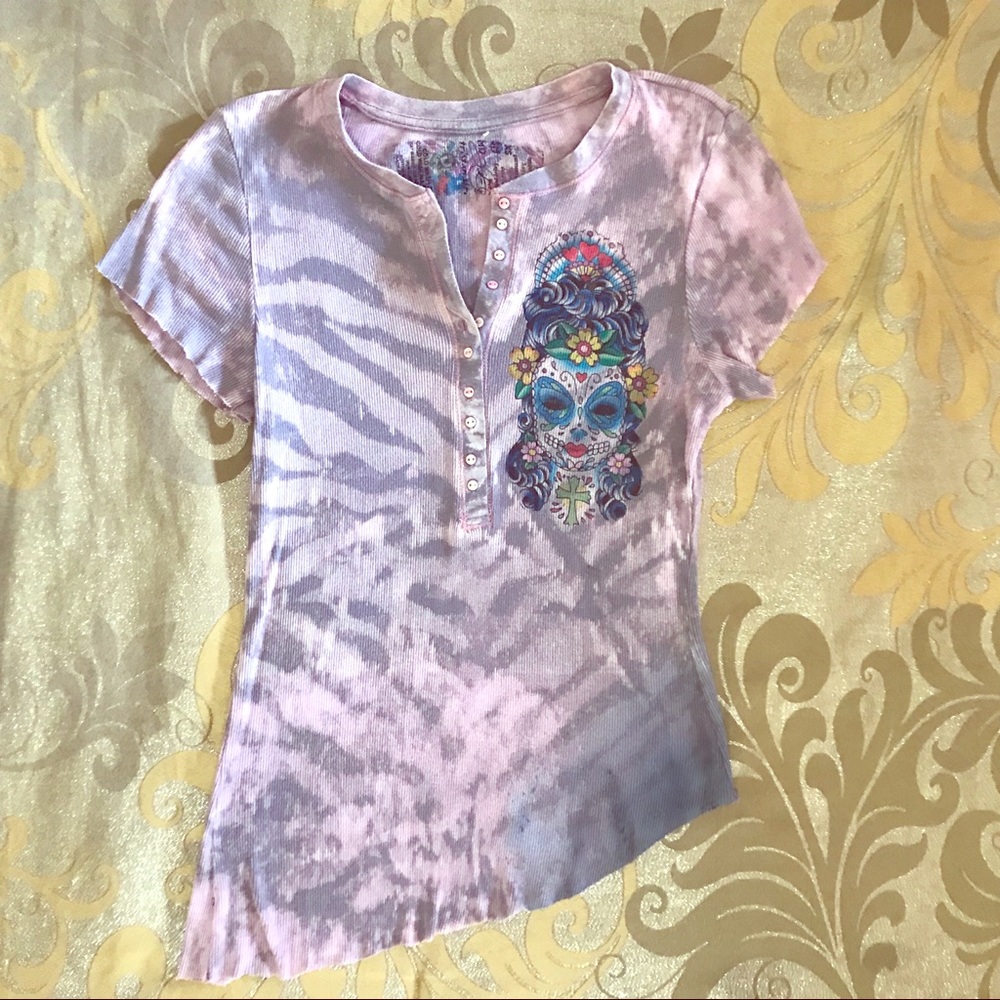 Punk Tiger-stripe Sugar Skull tee pale mauve/grey